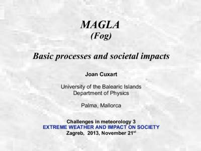 MAGLA (Fog) Basic processes and societal impacts Joan Cuxart University of the Balearic Islands Department of Physics