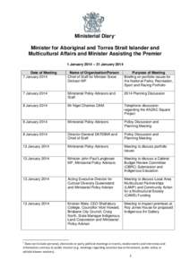 Ministerial Diary1 Minister for Aboriginal and Torres Strait Islander and Multicultural Affairs and Minister Assisting the Premier 1 January 2014 – 31 January 2014 Date of Meeting 7 January 2014