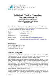 Pr. Guido HÜLSMANN Faculté de Droit, d’Économie et de Gestion Université d’Angers Initiation à l’Analyse Économique Macroéconomie (CM)