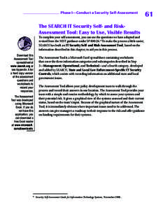 Phase I—Conduct a Security Self-Assessment  The SEARCH IT Security Self- and RiskAssessment Tool: Easy to Use, Visible Results To complete your self-assessment, you can use the questions we have adopted and revised fro