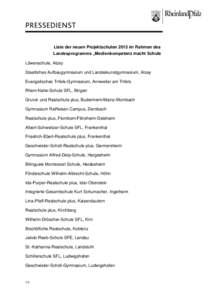 Liste der neuen Projektschulen 2015 im Rahmen des Landesprogramms „Medienkompetenz macht Schule Löwenschule, Alzey Staatliches Aufbaugymnasium und Landeskunstgymnasium, Alzey Evangelisches Trifels-Gymnasium, Annweiler