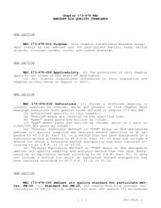 Chapter[removed]WAC AMBIENT AIR QUALITY STANDARDS NEW SECTION WAC[removed]Purpose. This chapter establishes maximum acceptable levels in the ambient air for particulate matter, lead, sulfur dioxide, nitrogen oxides, 