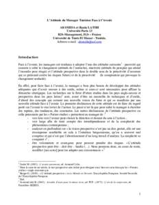 L’Attitude du Manager Tunisien Face à l’Avenir Ali SMIDA et Rania LATIRI Université Paris 13 R2S-Management, IGS – France Université de Tunis El Manar - Tunisie. Adresse e-mail : 