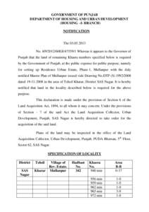 GOVERNMENT OF PUNJAB DEPARTMENT OF HOUSING AND URBAN DEVELOPMENT (HOUSING –I- BRANCH) NOTIFICATION  The