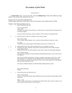 Descendants of John Walsh  Generation No[removed]John2 Walsh (Peter1) was born Abt[removed]He married Bridget Ryan 11 Mar 1876 in Milltown, County Galway1. She was born 1851, and died 26 Apr[removed]Marriage Notes for John Wa