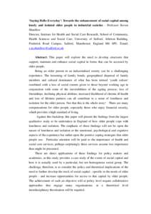 Mental health professionals / Community building / Economic sociology / Social capital / Social economy / Loneliness / Salford /  Greater Manchester / Social work / Psychiatry / Microeconomics / Sociology