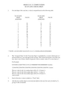 MODULUS 31 COMPUTATION SCAN LINE CHECK DIGIT 1. For each digit of the scan line, a value is assigned based on the following table: