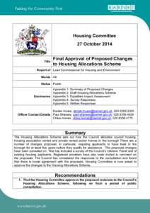 Housing Committee 27 October 2014 Title  Final Approval of Proposed Changes