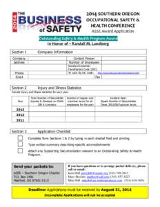 2014 SOUTHERN OREGON OCCUPATIONAL SAFETY & HEALTH CONFERENCE ASSE Award Application Outstanding Safety & Health Program Award In Honor of ~ Randall M. Lundberg