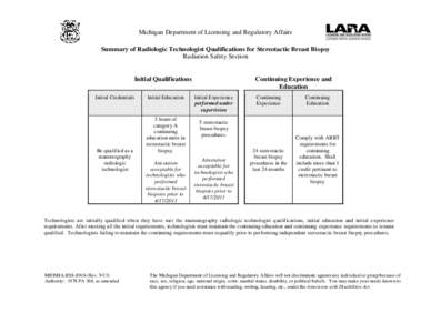 Michigan Department of Licensing and Regulatory Affairs Summary of Radiologic Technologist Qualifications for Stereotactic Breast Biopsy Radiation Safety Section Initial Qualifications Initial Credentials