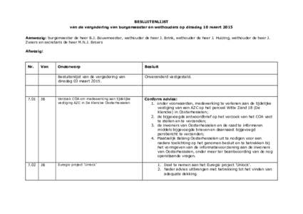 BESLUITENLIJST van de vergadering van burgemeester en wethouders op dinsdag 10 maart 2015 Aanwezig: burgemeester de heer B.J. Bouwmeester, wethouder de heer J. Brink, wethouder de heer J. Huizing, wethouder de heer J. Zw