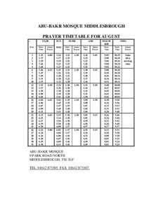 ABU-BAKR MOSQUE MIDDLESBROUGH PRAYER TIMETABLE FOR AUGUST FAJR SUN