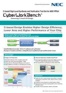 C-based High Level Synthesis and Verification Tool Set for ASIC・FPGA  C-based Design Enables Higher Design Efficiency, Lower Area and Higher Performance of Your Chip (compared to RTL-based design)