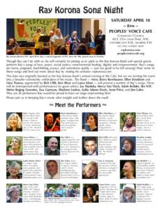 Ray Korona Song Night SATURDAY APRIL 18 – 8 PM – PEOPLES’ VOICE CAFE COMMUNITY CHURCH 40 E 35TH (NEAR PARK), NYC