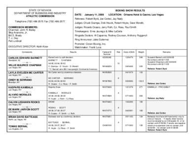 STATE OF NEVADA DEPARTMENT OF BUSINESS AND INDUSTRY ATHLETIC COMMISSION BOXING SHOW RESULTS DATE: