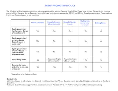 EVENT PROMOTION POLICY The following grid outlines promotion and publicity opportunities with the Cascade Bicycle Club. Please keep in mind that we do not promote events held on the same day as Cascade events, which are 