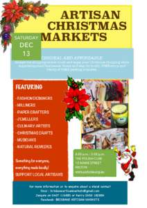 ARTISAN CHRISTMAS SATURDAY MARKETS DEC 13