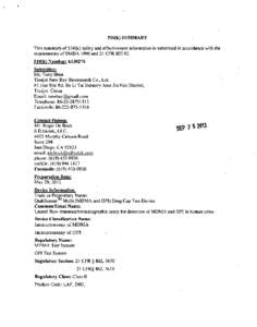 510(k) SUMMARY  This summary of 5l1O(k) safety and effectiveness information is submitted in accordance with the requirements of SMDA 1990 and 21 CFR[removed]k) Number: k130275 Submitter: