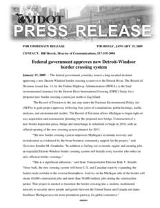FOR IMMEDIATE RELEASE  THURSDAY, JANUARY 15, 2009 CONTACT: Bill Shreck, Director of Communications, [removed]