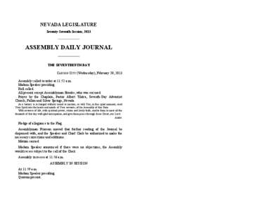 NEVADA LEGISLATURE Seventy-Seventh Session, 2013 ASSEMBLY DAILY JOURNAL THE SEVENTEENTH DAY CARSON CITY (Wednesday), February 20, 2013