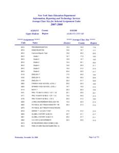 New York State Education Department Information, Reporting and Technology Services Average Class Size for Selected Assignment Codes[removed]ALBANY