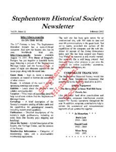 Stephentown His torical SocietT A/ewsletter February2002 Vol IV, IssueIII