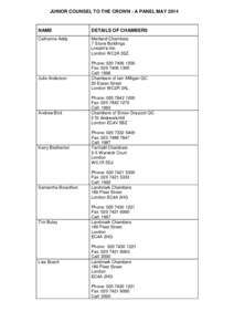 JUNIOR COUNSEL TO THE CROWN - A PANEL MAY[removed]NAME DETAILS OF CHAMBERS