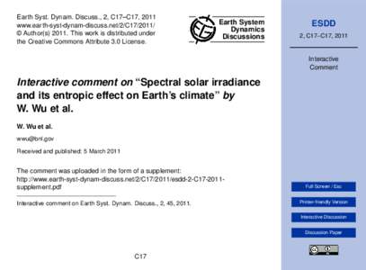 Earth Syst. Dynam. Discuss., 2, C17–C17, 2011 www.earth-syst-dynam-discuss.net/2/C17/2011/ © Author(sThis work is distributed under the Creative Commons Attribute 3.0 License.  Earth System