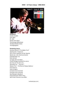 XRIJF	
  –	
  13	
  Years	
  Lineup	
  –	
  2002-­‐2014	
    Headliners:	
   Aretha	
  Franklin	
   Chris	
  Botti	
   Dr.	
  John	
  	
  	
  