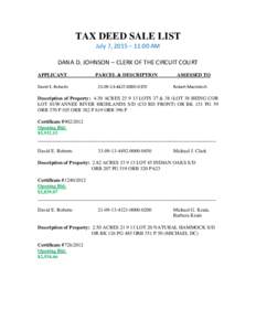 TAX DEED SALE LIST July 7, 2015 – 11:00 AM DANA D. JOHNSON – CLERK OF THE CIRCUIT COURT APPLICANT David E. Roberts