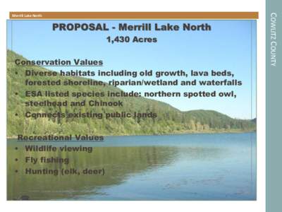 PROPOSAL - Merrill Lake North 1,430 Acres Conservation Values • Diverse habitats including old growth, lava beds, forested shoreline, riparian/wetland and waterfalls