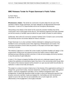   Quicksand – Project Sammaan: Public Toilet Tender Press Release (November 2013) – Last Updated: [removed]    BMC Releases Tender for Project Sammaan’s Public Toilets  