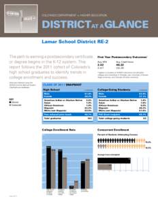 Colorado department of Higher education  DistrictaT A Glance Lamar School District RE-2 The path to earning a postsecondary certificate or degree begins in the K-12 system. This