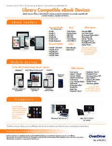 Current as of[removed]For the most up-to-date list, visit overdrive.com/eBookdevices.  Library Compatible eBook Devices eBooks from your library’s ‘Virtual Branch’ website powered by OverDrive® are currently com