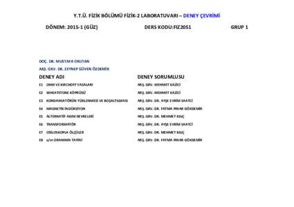 Y.T.Ü. FİZİK BÖLÜMÜ FİZİK-2 LABORATUVARI – DENEY ÇEVRİMİ DÖNEM: GÜZ) DERS KODU:FIZ2051  DOÇ. DR. MUSTAFA OKUTAN