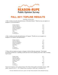 FALL 2011 TOPLINE RESULTS UPDATED: AUGUST 30th 1. How would you rate the job performance of President Obama? Would you say you approve or disapprove of his performance? Strongly Approve