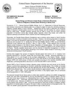 United States Department of the Interior Santee National Wildlife Refuge UNITED STATES FISH AND WILDLIFE SERVICE 2125 Fort Watson Road Summerton, SC[removed]Phone: ([removed]FAX: ([removed]