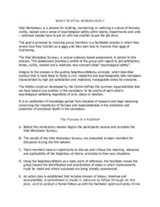 WHAT IS VITAL WORKPLACE©? Vital Workplace© is a process for building, maintaining or restoring a culture of fairness, civility, respect and a sense of psychological safety within teams, departments and units – wherev