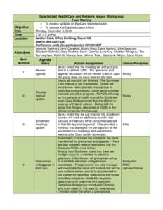 Specialized HealthCare and Network Issues Workgroup Objective Date Time Location