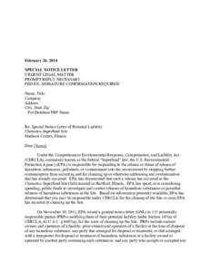 February 26, 2014 SPECIAL NOTICE LETTER URGENT LEGAL MATTER PROMPT REPLY NECESSARY FED EX: SIGNATURE CONFIRMATION REQUIRED Name, Title