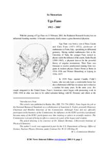 In Memoriam  Ugo Fano 1912 – [removed]With the passing of Ugo Fano on 13 February 2001, the Radiation Research Society lost an