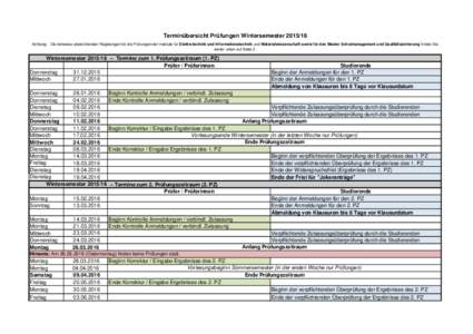 Terminübersicht Prüfungen WintersemesterAchtung: Die teilweise abweichenden Regelungen für die Prüfungen der Institute für Elektrotechnik und Informationstechnik und Materialwissenschaft sowie für den Mast