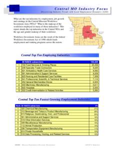 Central MO Industry Focus Di sco v e ri ng Ind u st ry T r end s wi t h L o ca l Em p lo y m ent D yna m ic s ( L ED) What are the top industries by employment, job growth and earnings in the Central Missouri Workforce I