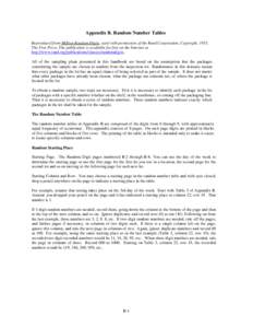 Appendix B. Random Number Tables Reproduced from Million Random Digits, used with permission of the Rand Corporation, Copyright, 1955, The Free Press. The publication is available for free on the Internet at http://www.r