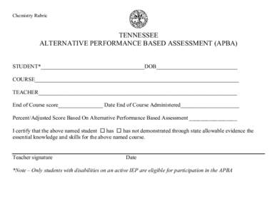 Chemistry Rubric   TENNESSEE  ALTERNATIVE PERFORMANCE BASED ASSESSMENT (APBA)   STUDENT*_____________________________________DOB_____________________________ 