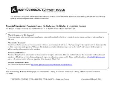 This document is designed to help North Carolina educators teach the Essential Standards (Standard Course of Study). NCDPI staff are continually updating and improving these tools to better serve teachers. Essential Stan