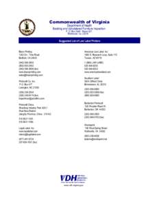 Commonwealth of Virginia Department of Health Bedding and Upholstered Furniture Inspection P. O. Box[removed]Room 521 Richmond, Va[removed]