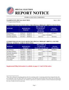 SPECIAL ELECTION  REPORT NOTICE FEDERAL ELECTION COMMISSION  WASHINGTON SPECIAL ELECTION