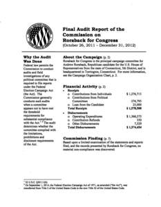 Final Audit Report of the Commission on Roraback for Congress (October 26, [removed]December 31, 2012) Why the Audit Was Done