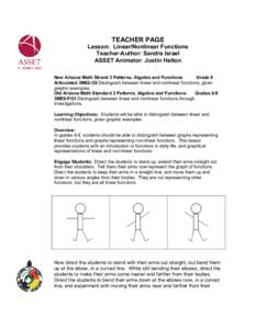 TEACHER PAGE Lesson: Linear/Nonlinear Functions Teacher-Author: Sandra Israel ASSET Animator: Justin Helton New Arizona Math Strand 3 Patterns, Algebra and Functions Grade 8